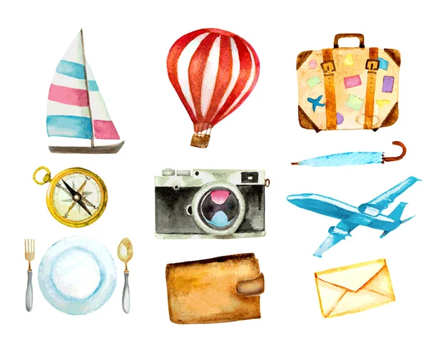 Set of tourism icons. watercolor hand drawn vector illustration. — Stock Vector