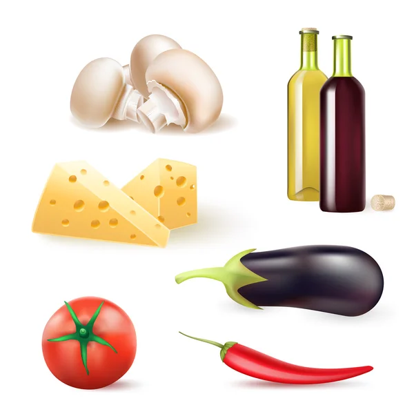 Conjunto de legumes e ingredientes alimentares com garrafas de vinho. vetor —  Vetores de Stock