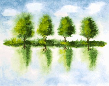 Göl su yansımalar ağaçlarıyla. suluboya vektör illustra