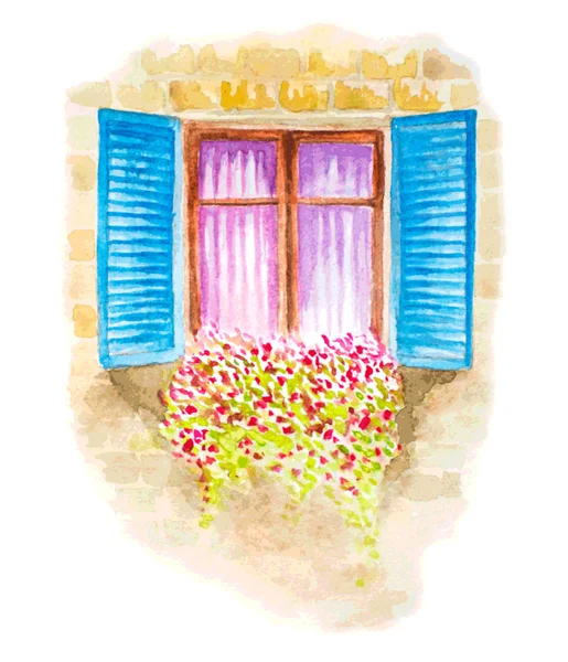 Watercolor illustration of vintage window with flowers. vector — Stock Vector