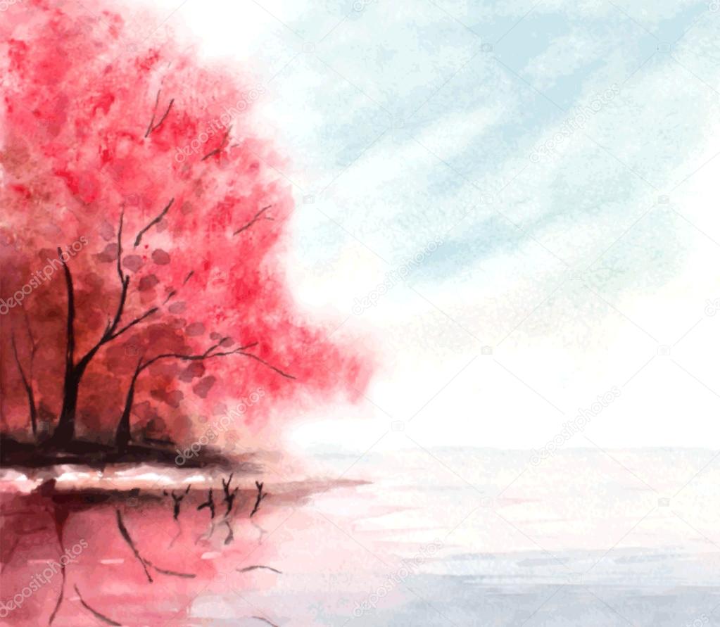 watercolor autumn background with red trees and lake water. vect