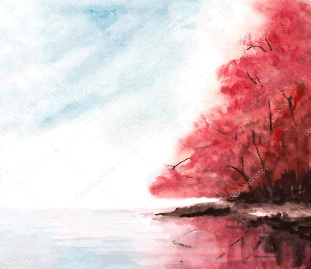 watercolor autumn background with red trees, sky and lake. vecto