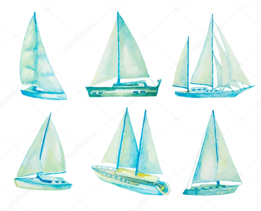 watercolor sailboats set, vector illustration