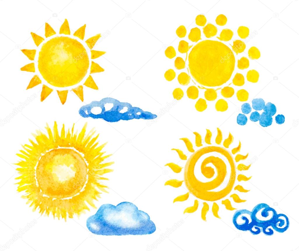 sun and clouds set. watercolor vector illustration