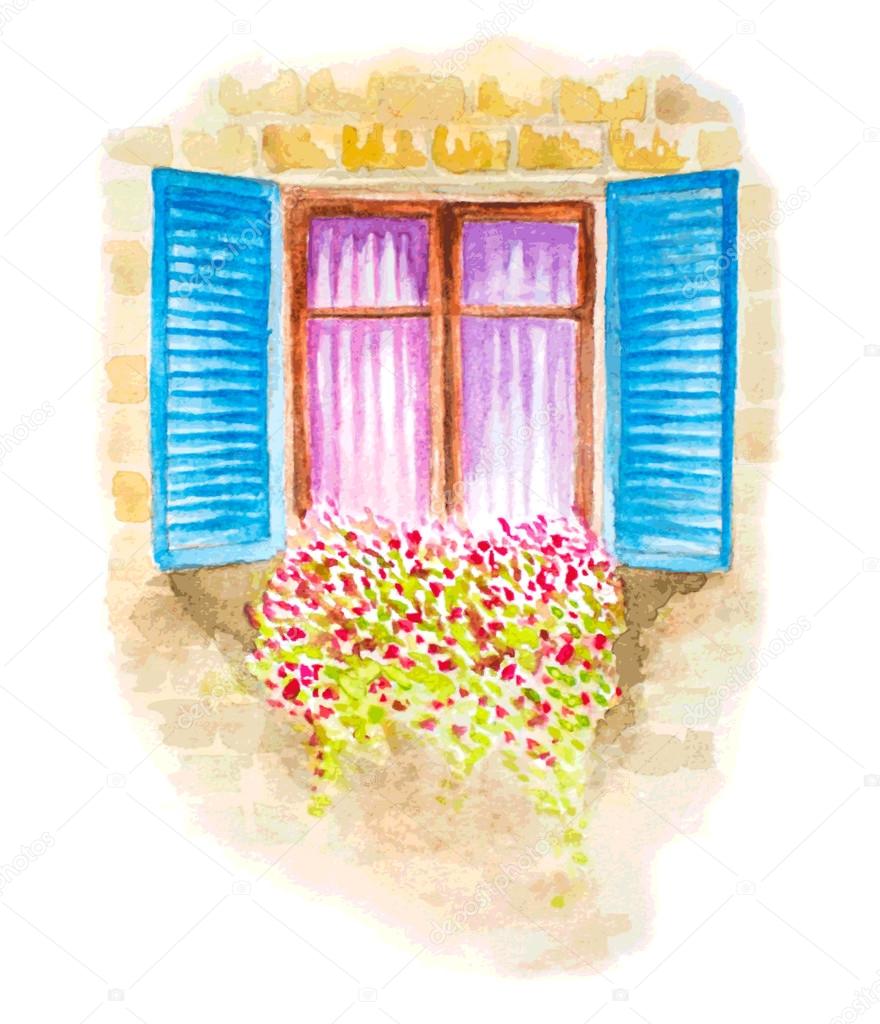 watercolor illustration of vintage window with flowers. vector
