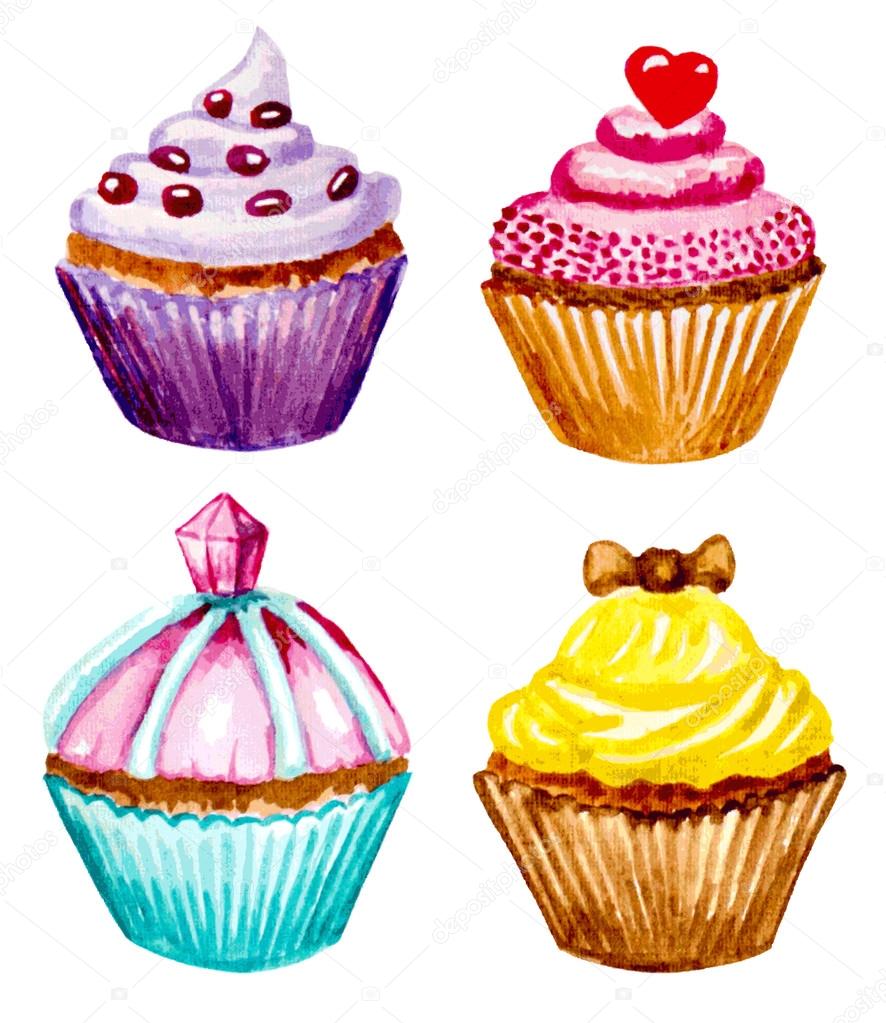 set of cupcakes with cream. vectorized watercolor illustration