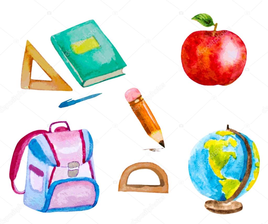 set of vectorized watercolor school items