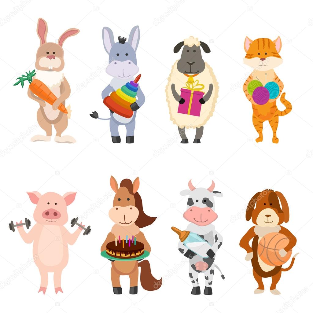 set of farm cartoon animals with childish activities