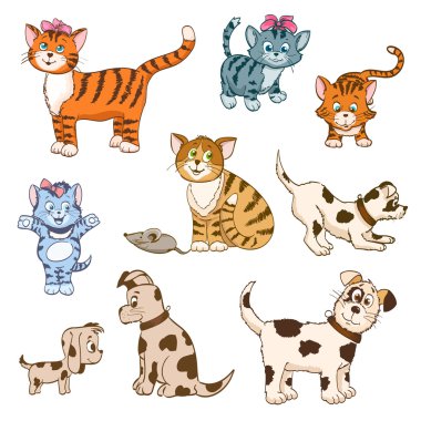 Karikatür kedi ve köpek kümesi. vektör çizim