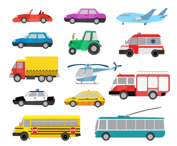 Conjunto de dibujos animados coches y vehículos lindos. ilustración vectorial — Archivo Imágenes Vectoriales