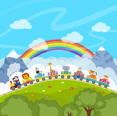 hayvanlarla demiryolu tren çizgi film. vektör çizim