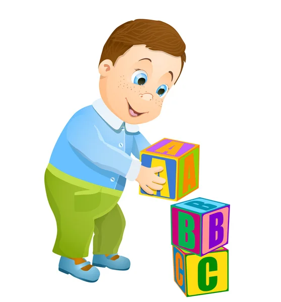 Ragazzino che gioca con i cubi dell'alfabeto abc. vettore cartone animato backg — Vettoriale Stock