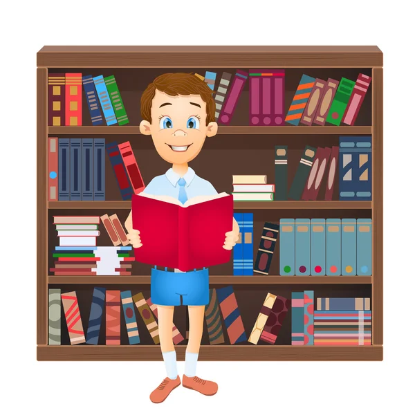 School jongen lezen een boek en bibliotheek. vectorillustratie — Stockvector