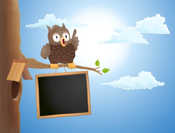 Desenho animado coruja bonito sentado no ramo e um quadro. vetor illu — Vetor de Stock