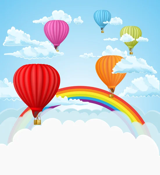 Globos de aire caliente en el fondo de las nubes. ilustración vectorial — Vector de stock