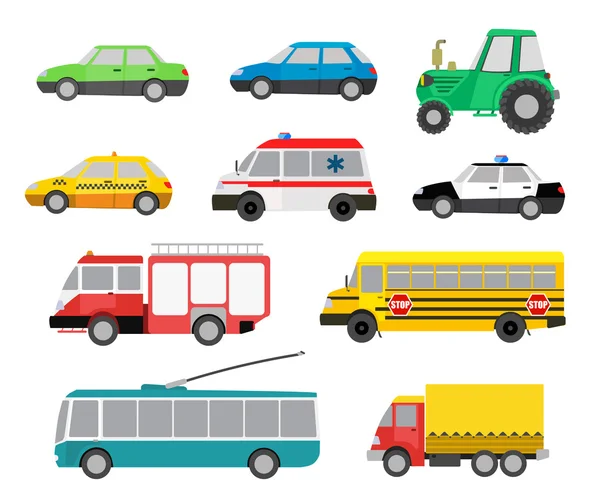 Reihe von niedlichen Cartoon-Autos und Sonderfahrzeugen. Vektorillustrationen — Stockvektor