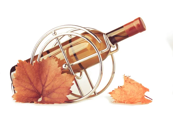 Bouteille de vin blanc en support métallique et feuilles d'automne — Photo