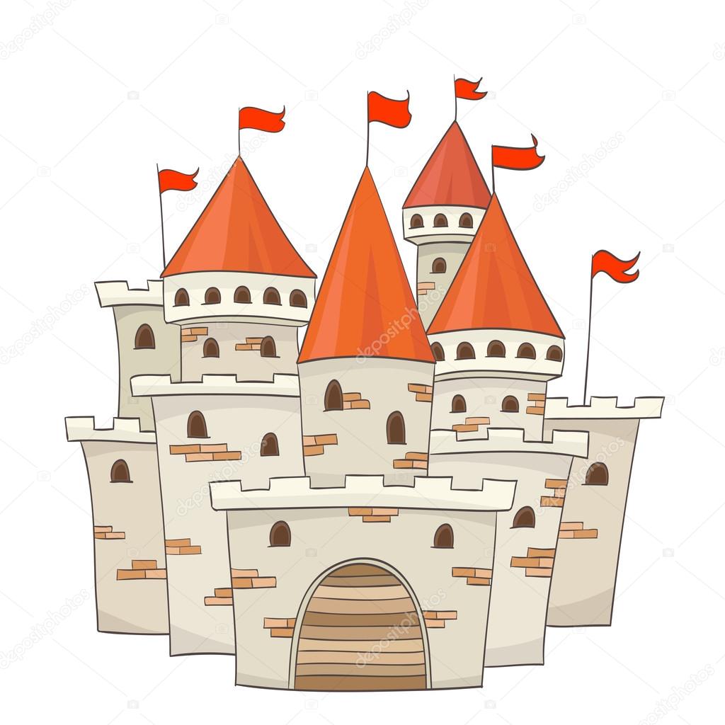 cute cartoon castle with flags. vector drawing