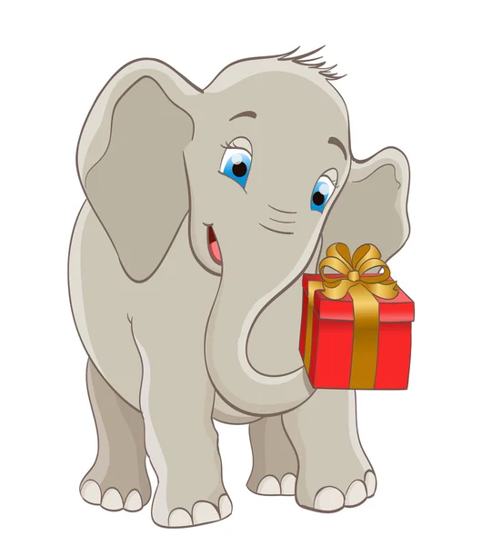 Bébé éléphant dessin animé livrant un coffret cadeau avec ruban — Image vectorielle