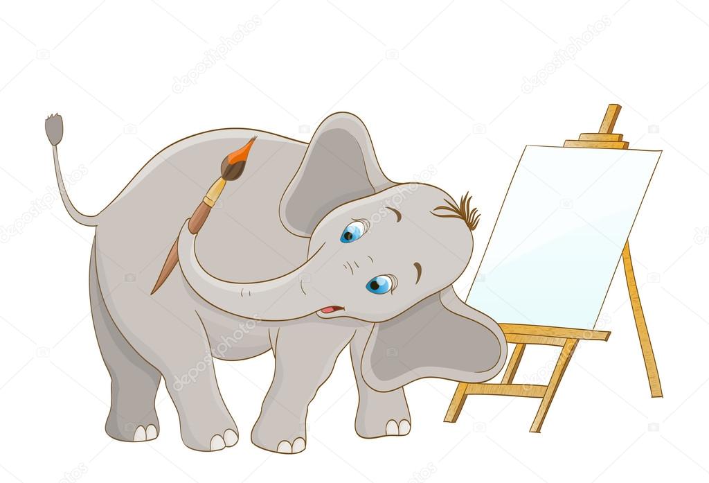 artist elephant with brush and wooden easel. vector