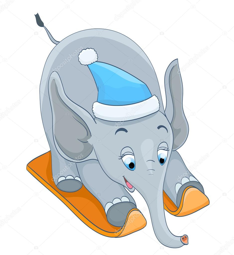 cartoon vector baby elephant skiing with blue hat