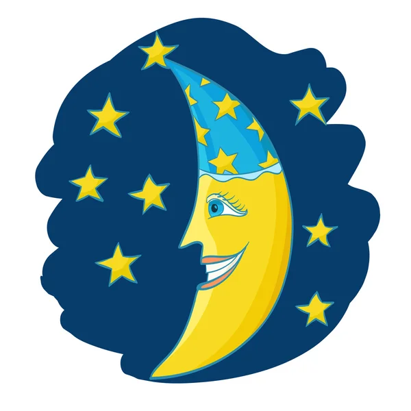 Luna de dibujos animados con sombrero y estrellas. vector — Vector de stock