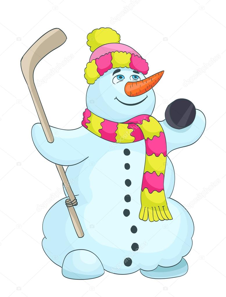 cartoon snowman with scarf, hat, and hockey stick. vector