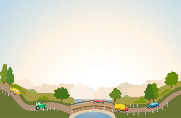 Paysage rural avec route et voitures, rivière et pont, arbres et — Image vectorielle