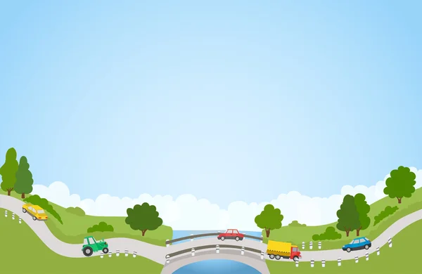 Paisaje con carretera y coches, río y puente, árboles y nubes — Vector de stock