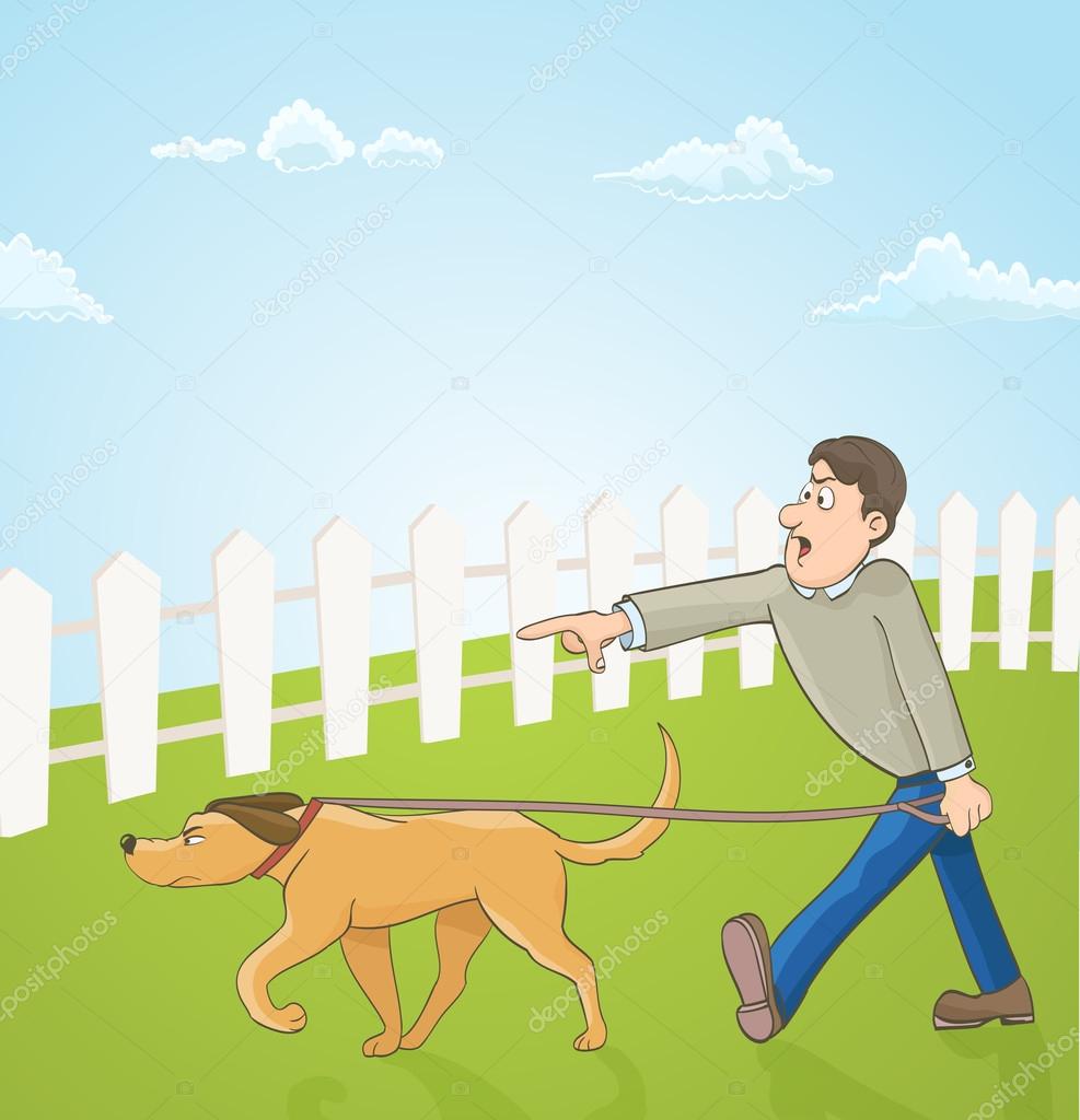 cartoon illustration with man teaching his dog. vector