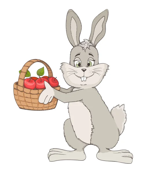 手には、リンゴのバスケットかわいいウサギが描かれました。ベクトル illustratio — ストックベクタ