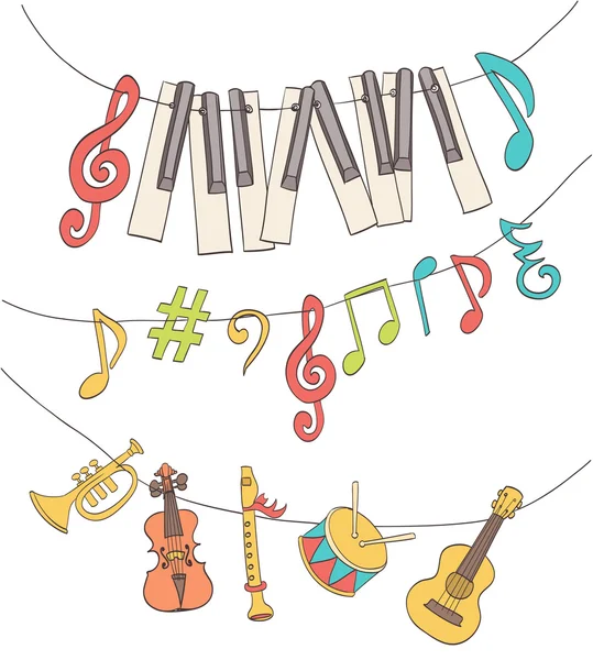 Sinais musicais bonitos, notas, teclas de piano, instrumentos para crianças pendurar —  Vetores de Stock