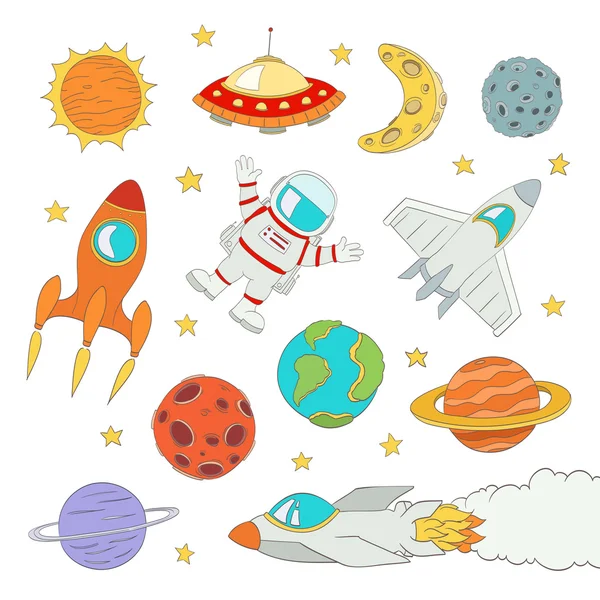 Set van schattige outer space elementen, astronaut, planeten, raketten. v — Stockvector