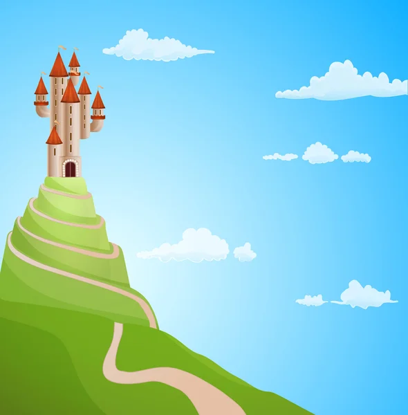 Castelo na colina com ilustração de fundo de estrada. vetor — Vetor de Stock