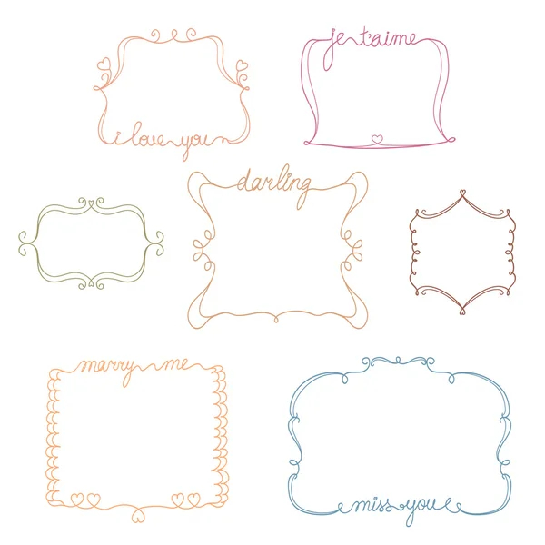 Set doodle frames met romantische tekst — Stockvector