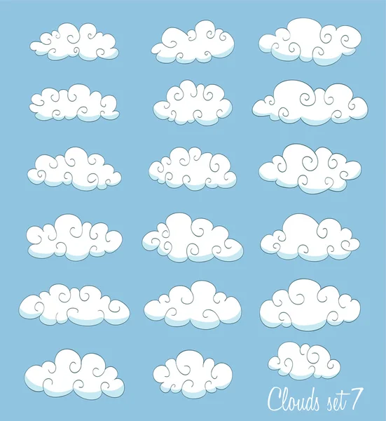 Ensemble de nuages blancs dessin animé mignon avec tourbillons. vecteur — Image vectorielle