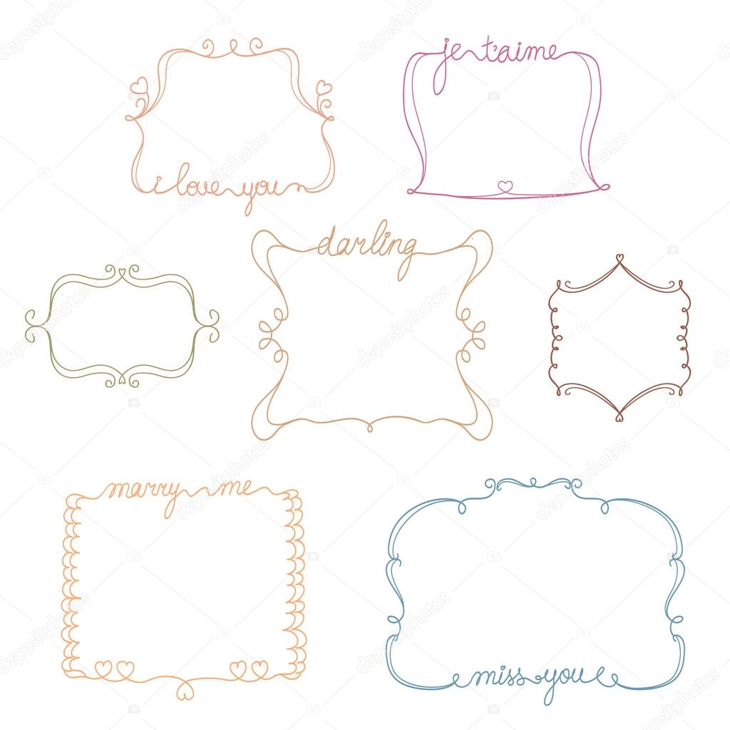 set of doodle frames with romantic text