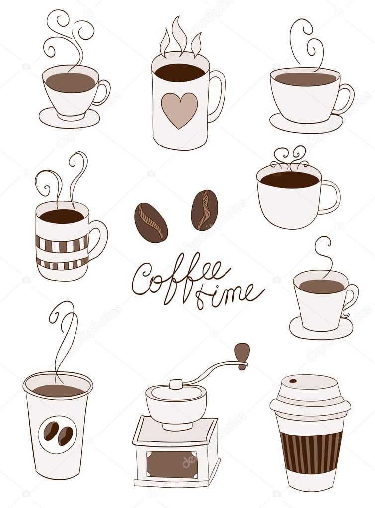 coffee items, cups, cup to go, beans doodle. vector