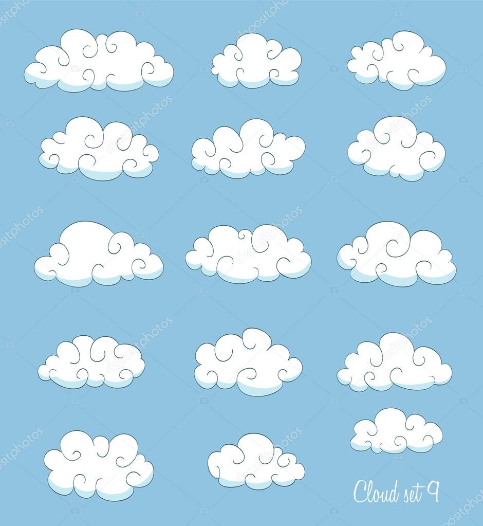 set of cute cartoon clouds with swirls. vector