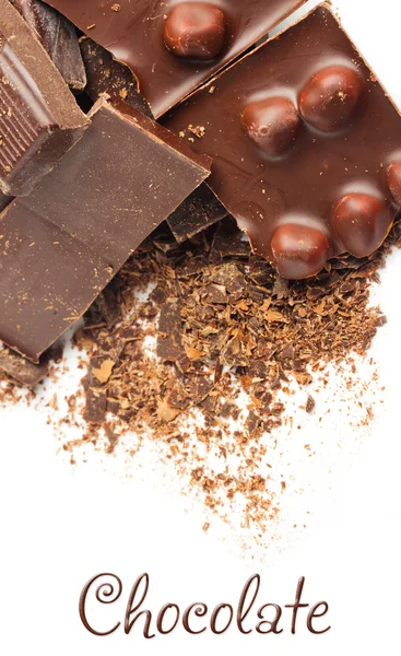 Sfondo di cioccolato con pezzi con noci sulla vista superiore bianca — Foto Stock