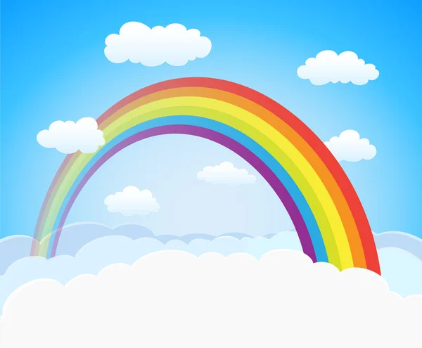 Cielo de dibujos animados con arco iris y nubes. vector de fondo horizontal — Vector de stock