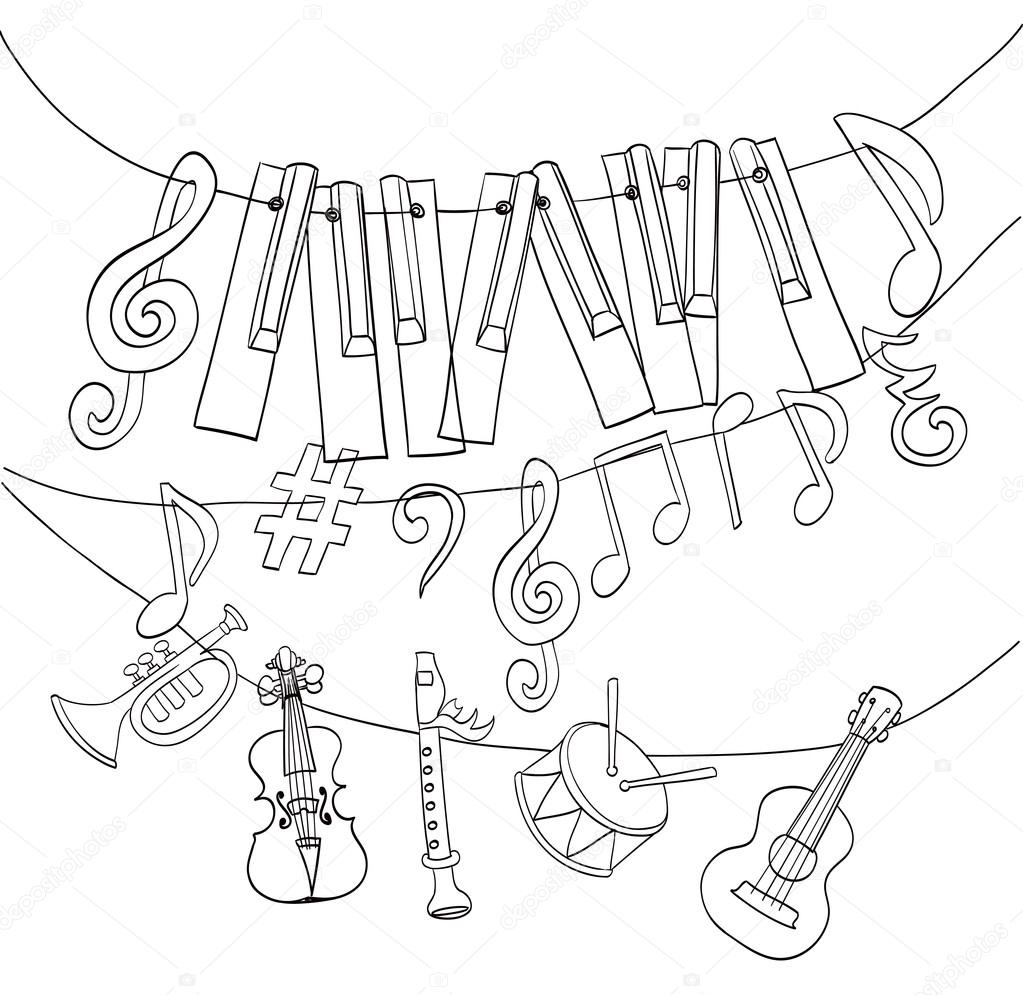 hand drawn musical instruments, piano keys, musical notes hangin