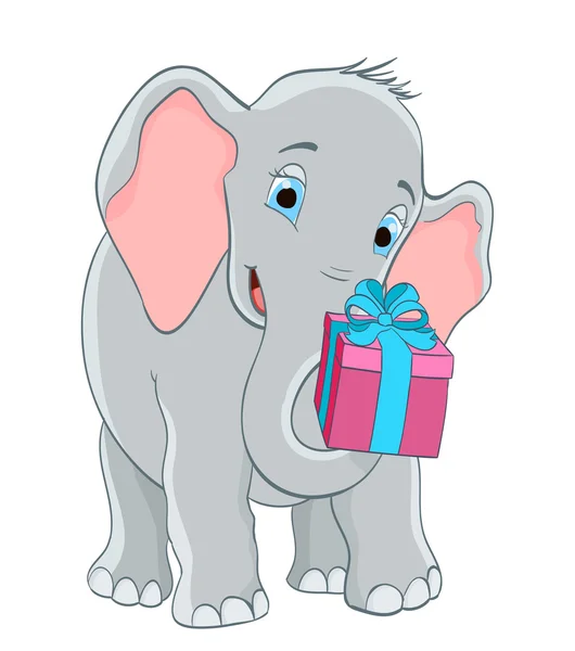 Baby elephant with a gift. cartoon vector illustration — Stock Vector