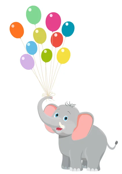 Elefante bambino con palloncini su bianco. vettore cartone animato felice nascita — Vettoriale Stock