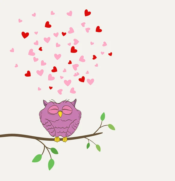 Cute owl in love dreaming with hearts on a twig. vector — Stock Vector