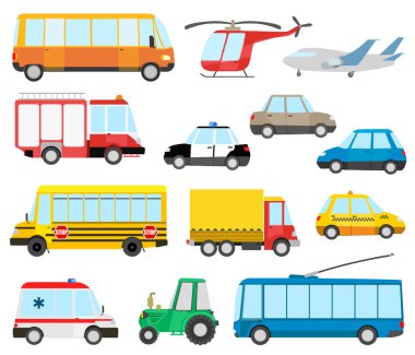 çizgi film taşıma kümesi. okul otobüsü, helikopter, arabası, airpl