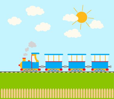 çizgi film tren demiryolu. gökyüzü bulutlar ve güneş, bir çit ile. VEC