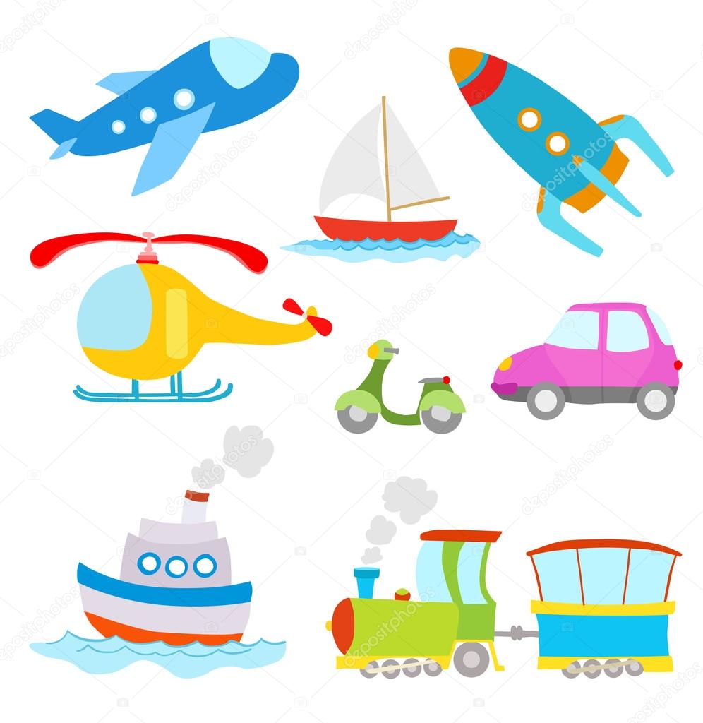 set of cartoon transportation on white. airplane, car, boat, tra
