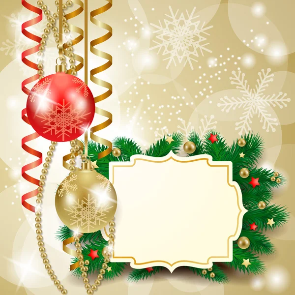 Weihnachten Hintergrund mit Christbaumkugeln und Etikett — Stockvektor