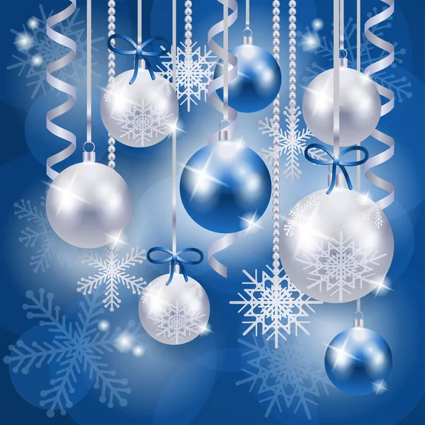 Fondo de Navidad con adornos en azul, vector — Vector de stock